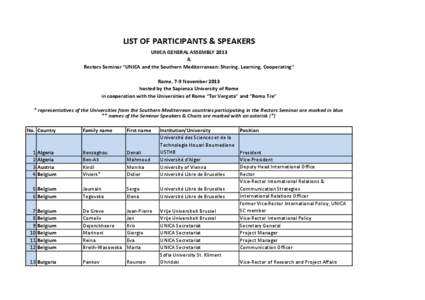 LIST OF PARTICIPANTS & SPEAKERS UNICA GENERAL ASSEMBLY 2013 & Rectors Seminar 