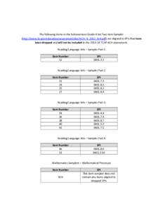 The following items in the Achievement Grade 4 Set Two Item Sampler (http://www.tn.gov/education/assessment/doc/ACH_IS_2012_Gr4.pdf) are aligned to SPIs that have been dropped and will not be included in the[removed]TCAP