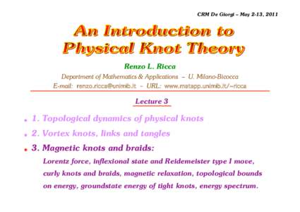 CRM De Giorgi – May 2-13, 2011  Renzo L. Ricca Department of Mathematics & Applications – U. Milano-Bicocca E-mail: renzo. ricca