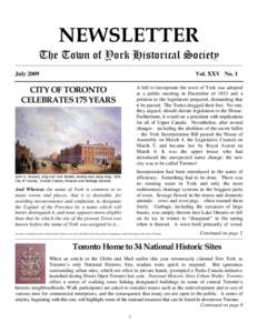 NEWSLETTER The Town of York Historical Society ____________________________________________________________________________________________________________ July 2009