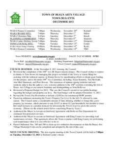 TOWN OF BEAUX ARTS VILLAGE TOWN BULLETIN DECEMBER 2011 *******************************************************************************************  WABA Finance Committee 7:00pm