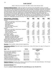 130  RARE EARTHS1 (Data in metric tons of rare-earth oxide (REO) content unless otherwise noted) Domestic Production and Use: In 2008, rare earths were not mined in the United States; however, rare-earth concentrates pre