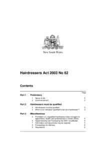 New South Wales  Hairdressers Act 2003 No 62 Contents Page