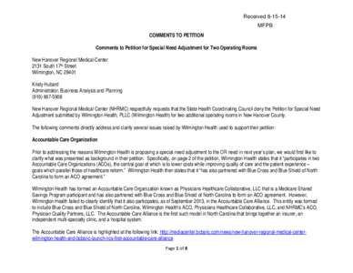 NC DHSR SHCC: Comment by New Hanover Regional Medical Center