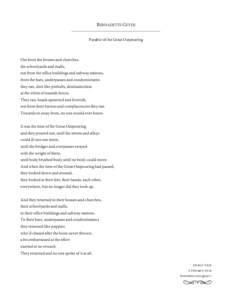 BERNADETTE GEYER Parable of the Great Outpouring Out from the houses and churches, the schoolyards and malls, out from the office buildings and subway stations,