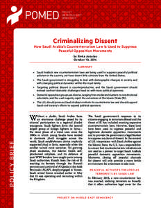 Criminalizing Dissent  How Saudi Arabia’s Counterterrorism Law is Used to Suppress Peaceful Opposition Movements by Rivka Azoulay October 10, 2014