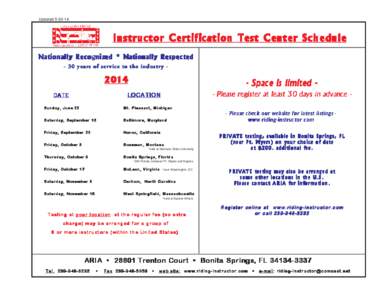 Updated[removed]Instructor Certification Test Center Schedule Nationally Recognized * Nationally Respected - 30 years of service to the industry -