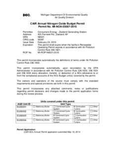 Michigan Department Of Environmental Quality Air Quality Division CAIR Annual Nitrogen Oxide Budget Permit Permit No. MI-NOAPermittee