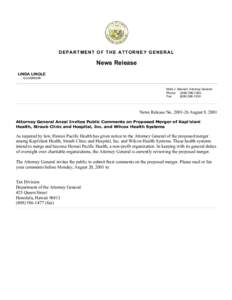 Attorney General Anzai Invites Public Comments on Proposed Me...