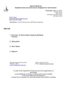 Special Meeting Neighborhood and Community Engagement Commission Wednesday, April 11, 2011 5:00-6:30 pm Room N270 Minneapolis Central Library