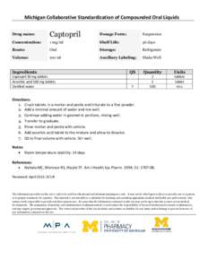 Michigan Collaborative Standardization of Compounded Oral Liquids Drug name: Captopril  Dosage Form: