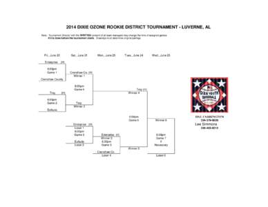 2014 DIXIE OZONE ROOKIE DISTRICT TOURNAMENT - LUVERNE, AL Note: Tournament Director with the WRITTEN consent of all team managers may change the time of assigned games if it is done before the tournament starts. Drawings