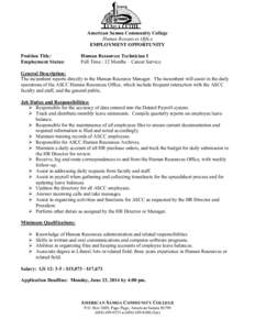 American Samoa Community College Human Resources Office EMPLOYMENT OPPORTUNITY Position Title: Employment Status: