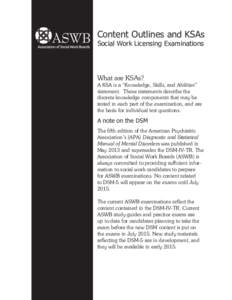 Content Outlines and KSAs Social Work Licensing Examinations What are KSAs?  A KSA is a “Knowledge, Skills, and Abilities”