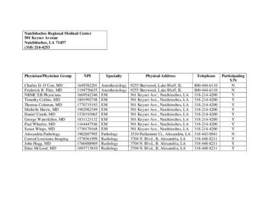 Natchitoches Regional Medical Center 501 Keyser Avenue Natchitoches, LA[removed]4253  Physician/Physician Group