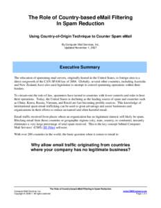 The Role of Country-based eMail Filtering In Spam Reduction Using Country-of-Origin Technique to Counter Spam eMail