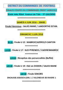 DISTRICT DU COMMINGES DE FOOTBALL FINALES COUPES DU COMMINGES CREDIT AGRICOLE Stade Jules Ribet Avenue de l’Isle – ST-GAUDENS ************************ SAMEDI 4 JUIN 2016 – 20H00 Finale Féminines : SALIES MANE / LA