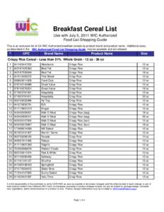 Breakfast Cereal List Use with July 5, 2011 WIC Authorized Food List Shopping Guide This is an exclusive list of CA WIC Authorized breakfast cereals by product brand and product name. Additional sizes, as described in th
