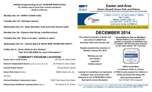 Huron Ontario Early Years Calendar of Activities: Exeter & Area, 12, 2014