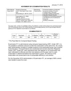 January 17, 2014 NOVEMBER 2013 EXAMINATION RESULTS Administering Organization:  Society of Actuaries