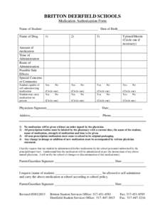 BRITTON DEERFIELD SCHOOLS Medication Authorization Form Name of Student: __________________________________ Date of Birth_________________ Name of Drug  1)