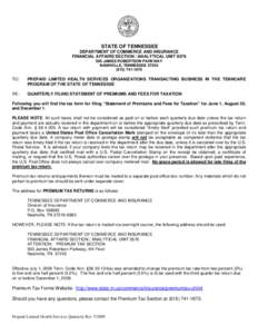 STATE OF TENNESSEE DEPARTMENT OF COMMERCE AND INSURANCE FINANCIAL AFFAIRS SECTION / ANALYTICAL UNIT[removed]JAMES ROBERTSON PARKWAY NASHVILLE, TENNESSEE[removed]1670