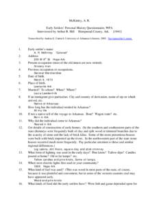 McKinley, A. R. Early Settlers’ Personal History Questionnaire, WPA Interviewed by Arthur R. Hill Hempstead County, Ark[removed]Transcribed by Andrea E. Cantrell, University of Arkansas Libraries, 2003. See transcriber