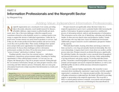 Special Section  PART II Bulletin of the American Society for Information Science and Technology – October/November 2010 – Volume 37, Number 1  Information Professionals and the Nonprofit Sector