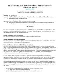 PLANNING BOARD - TOWN OF KNOX - ALBANY COUNTY P.O. Box 56, Knox, N.YEstablishedPLANNING BOARD MEETING MINUTES