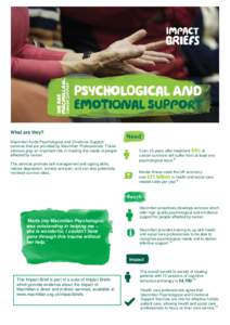 What are they? Macmillan funds Psychological and Emotional Support services that are provided by Macmillan Professionals. These services play an important role in meeting the needs of people affected by cancer. The servi