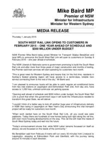 Mike Baird MP Premier of NSW Minister for Infrastructure Minister for Western Sydney  MEDIA RELEASE
