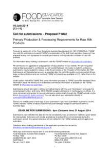 10 July–14] Call for submissions – Proposal P1022 Primary Production & Processing Requirements for Raw Milk Products