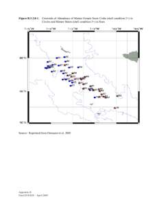 Figure B[removed]Centroids of Abundance of Mature Female Snow Crabs (shell condition 2+) in Circles and Mature Males (shell condition 3+) in Stars  Source: Reprinted from Orensanz et al. 2005