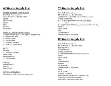    6th	
  Grade	
  Supply	
  List	
   7th	
  Grade	
  Supply	
  List	
  