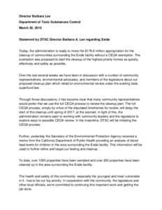 Statement by DTSC Director Barbara A. Lee regarding Exide