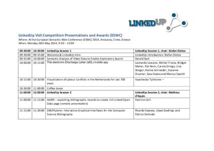    LinkedUp	
  Vidi	
  Competition	
  Presentations	
  and	
  Awards	
  (ESWC)	
   Where:	
  At	
  the	
  European	
  Semantic	
  Web	
  Conference	
  (ESWC)	
  2014,	
  Anissaras,	
  Crete,	
  Greece	