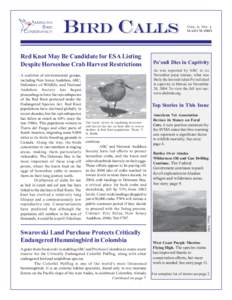 BIRD CALLS ALLS Red Knot May Be Candidate for ESA Listing Despite Horseshoe Crab Harvest Restrictions  March 2005