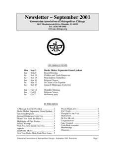 Newsletter – September 2001 Zoroastrian Association of Metropolitan Chicago 8615 Meadowbrook Drive, Hinsdale, ILTel: (www.zac-chicago.org