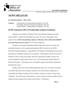 NEWS RELEASE For Immediate Release – May 6, 2014 Contacts: Vicki Bauman, Prevention Programs Director, [removed]Jeri Trainor, Prevention Programs Coordinator, [removed]