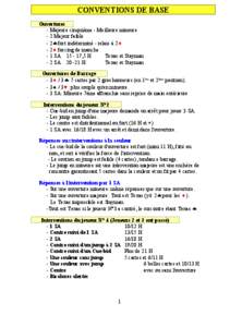 CONVENTIONS DE BASE Ouvertures - Majeure cinquième - Meilleure mineure - 2 Majeur faible - 2§ fort indéterminé - relais à 2¨ - 2¨ forcing de manche