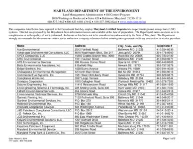 MARYLAND DEPARTMENT OF THE ENVIRONMENT  Land Management Administration  Oil Control Program 1800 Washington Boulevard  Suite 620  Baltimore Maryland[removed][removed]  [removed]x3442  [removed]