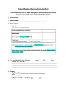 National Register of Big Trees Nomination Form Trees of the same species are ranked by total points based on the following formula: Circumference (inches) + Height (feet) + ¼ Crown Spread (feet). 1. Common Name: 2. Scie