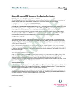 PR NewsWire News Release  Microsoft Corp MSFT  Microsoft Dynamics CRM Announces New Solution Accelerators