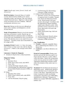 SHIGELLOSIS FACT SHEET Agent: Shigella spp. (sonnei, flexneri, boydii, and dysenteriae). 5. Lab Performing Test: Bacteriology Laboratory, GPHL in Decatur.