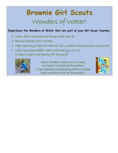 Brownie Girl Scouts Wonders of Water! Experience the Wonders of Water that are part of your Girl Scout Journey.  Learn about the amazing things water can do  Become friends with a stream