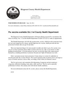 Kingman County Health Department 125 N. Spruce Kingman KS[removed]Phone: [removed]FOR IMMEDIATE RELEASE – Sept. 26, 2014
