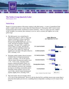 The Tarbox Group Quarterly Letter Third Quarter 2014 Market Recap Bumpy is an apt description of the equity markets in the third quarter. A series of geopolitical flash points, coupled with investor anxiety about the Fed