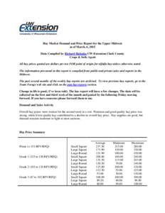 Hay Market Demand and Price Report for the Upper Midwest as of March, 6, 2015 Data Compiled by Richard Halopka UW-Extension Clark County Crops & Soils Agent All hay prices quoted are dollars per ton FOB point of origin f