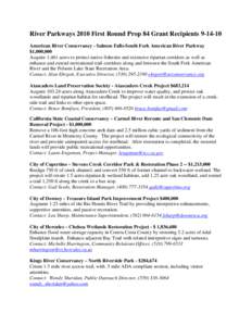 River Parkways 2010 First Round Prop 84 Grant Recipients[removed]American River Conservancy - Salmon Falls-South Fork American River Parkway $1,000,000 Acquire 1,461 acres to protect native fisheries and extensive ripari