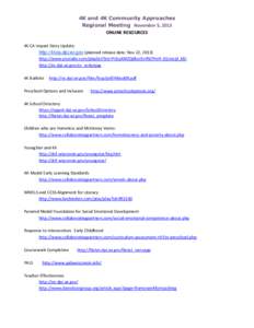4K and 4K Community Approaches Regional Meeting November 5, 2013 ONLINE RESOURCES 4K CA Impact Story Update: http://4kca.dpi.wi.gov (planned release date: Nov 22, 2013) http://www.youtube.com/playlist?list=PLhyAMZQdbxJ3v